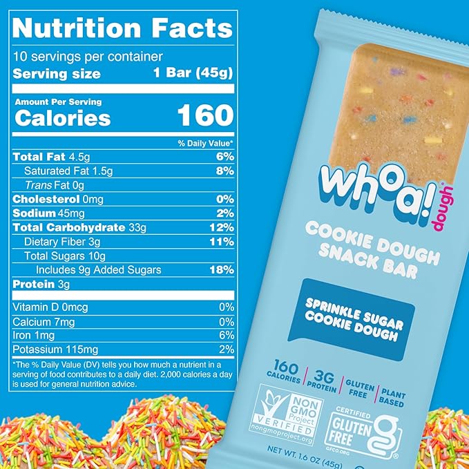 Whoa Dough Edible Cookie Dough Bars- Certified Non-GMO, Kosher and Gluten Free Bars - Healthy Snack Foods - Plant Based Snacks Made With Real Ingredients - Sprinkle Sugar Cookie Dough - 10 Pack