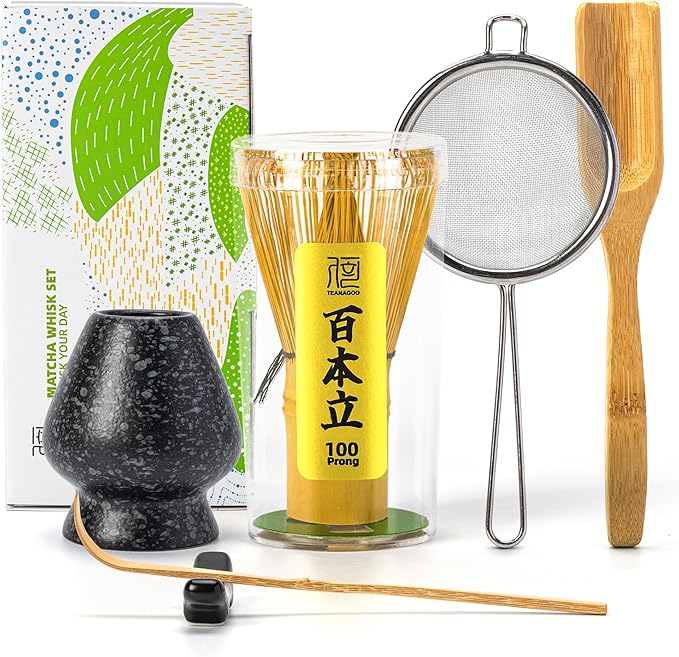 TEANAGOO Matcha Whisk Set,Bamboo Matcha Whisk (100 prongs) with Black Holder,6-PCS Traditional Starter Set,Scoop (Chashaku),Bamboo Chasen for Making Latte,Ceremony Accessory,Gife for Friend/Family