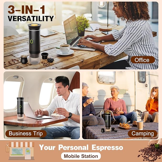 Portable Battery Espresso Coffee Maker for Travel, 20 bar Mini Car Espresso Machines, 3-in-1 Self-Heating Electric Espresso Maker, USB-C Ground Coffee & Capsule Pod(Ns&DG) RV, Hiking, Office