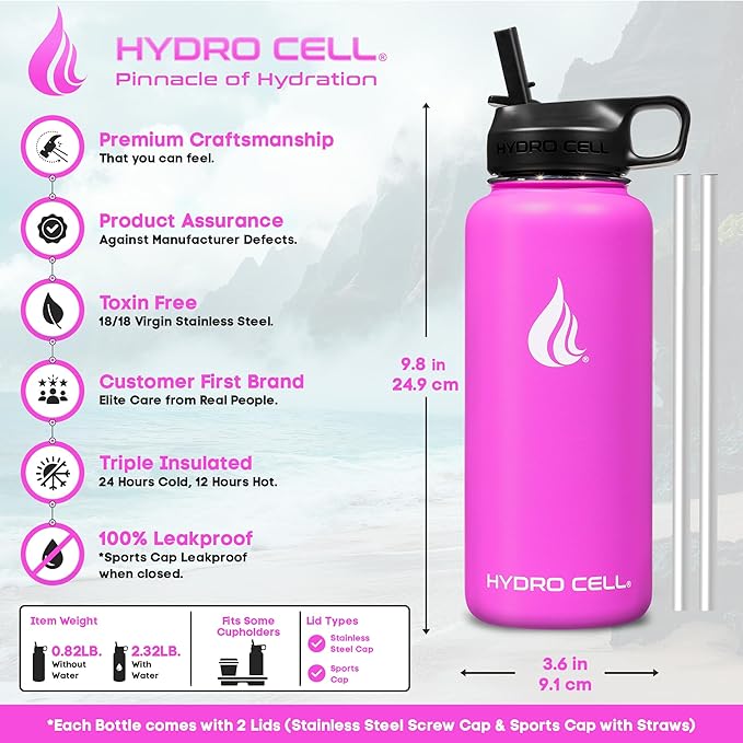 HYDRO CELL Stainless Steel Insulated Water Bottle with Straw - For Cold & Hot Drinks - Metal Vacuum Flask with Screw Cap and Modern Leakproof Sport Thermos for Adults (Fuchsia 32oz)