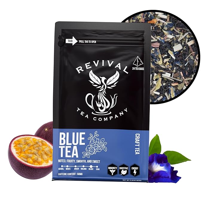 Revival Tea Company Blue Tea - Butterfly Pea Flower and Black Tea Blended with Other Herbal Tea Flavors - 24 Tea Bags