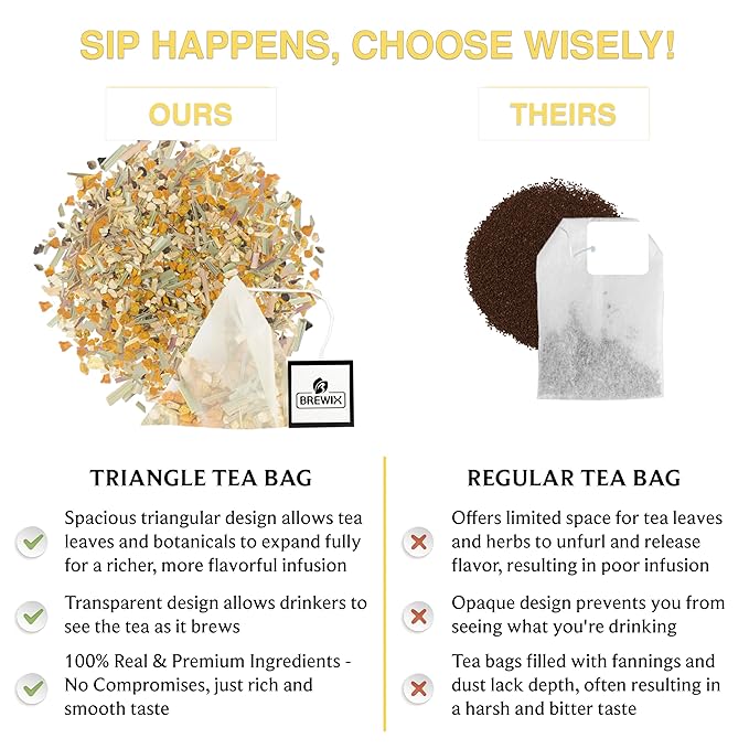 BREWIX, Turmeric Ashwagandha Herbal Tea Bags (20 Pyramid Tea Bags) Real Ingredients From India, Caffeine Free & Naturally Gluten Free | 100% Pure Herbal Blend Packed in Resealable Ziplock Pouch