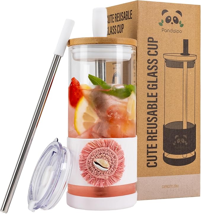 Pandaloo® Glass Cups With Lids and Straws -20 Fl Oz- Perfect Size Iced Coffee Cup - Smoothie Cup With Bamboo Lid and On the go Lid (Ethnic chic-Pink Powder, 1 Count (Pack of 1))