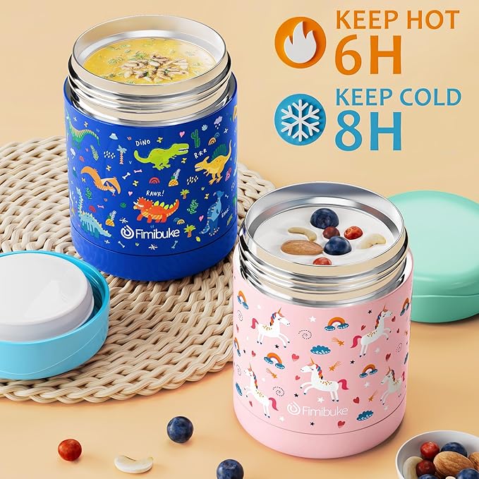 Fimibuke Insulated Kids Food Jar, 2 Pack 12 OZ Bpa Free Stainless Steel Vacuum Thermos for Hot Cold Food, Leakproof Snack Container for School Boys Girls Wide Mouth Toddler Lunch Box for Smoothie Soup