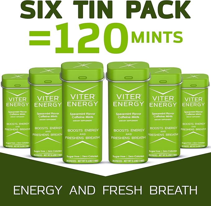 Viter Energy 40mg Caffeine Mints - Sugar Free, B Vitamins, Vegan, Boosts Fast Energized Alert Focus, Caffeinated Nootropic Supplement Pills (Spearmint Flavor, 20pcs, 6 Pack, 120pcs Total)