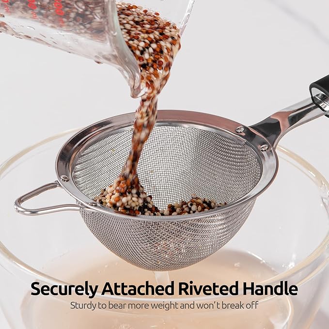 18/8 Stainless Steel Mesh Strainer: U-Taste 3.9 Inch Kitchen Fine Mesh Sieve Food Colander with Riveted Sturdy Silicone Handle and 30 Mesh Hole for Straining Flour, Quinoa, Tea, Juice (Black)
