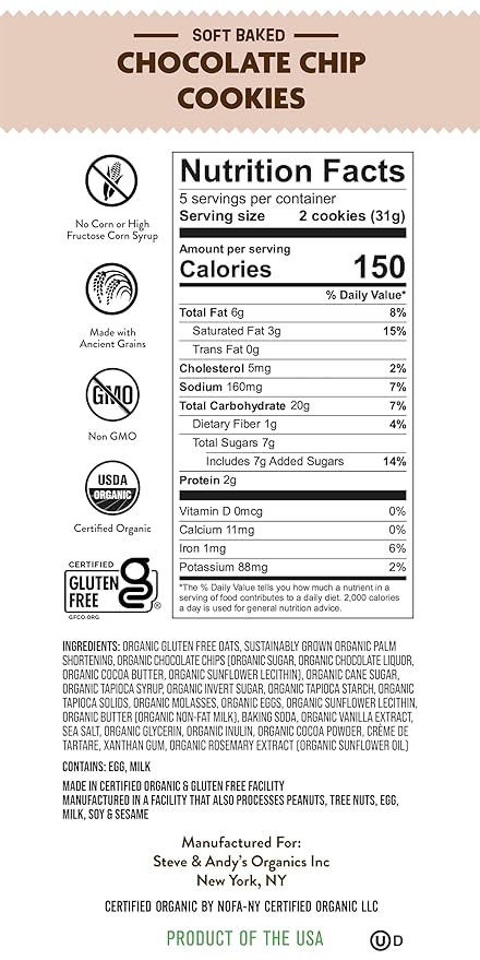 Steve & Andy’s Deliciously Induldent Soft Bake Chocolate Chip Cookies – Organic, Gluten Free, Non-Gmo, Nut Free, Wheat Free, Soy Free – 16.5 Oz, 3 Boxes (30 Cookies)
