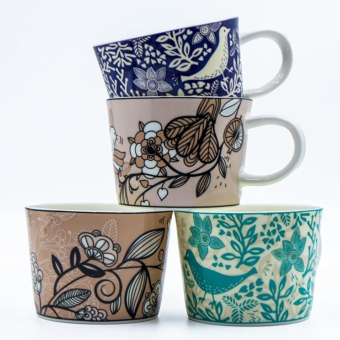11 oz Mugs Set of 4 Porcelain Coffee Mugs Flower Mug Handle Oatmeal Milk Breakfast cup Painted Bone China Round Coffee cup