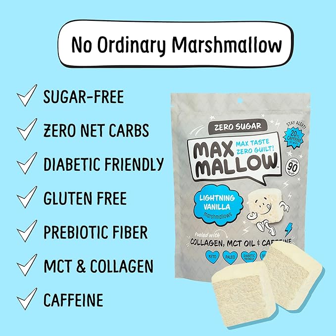 Max Mallow Sugar Free Marshmallows - Keto Friendly, Perfect for S'mores, Hot Chocolate, and Baking with Zero Sugar Snacks, Smores Mct Oil Zero Sugar Marshmellow Marshmallow Lightning Vanilla, 3 Pack