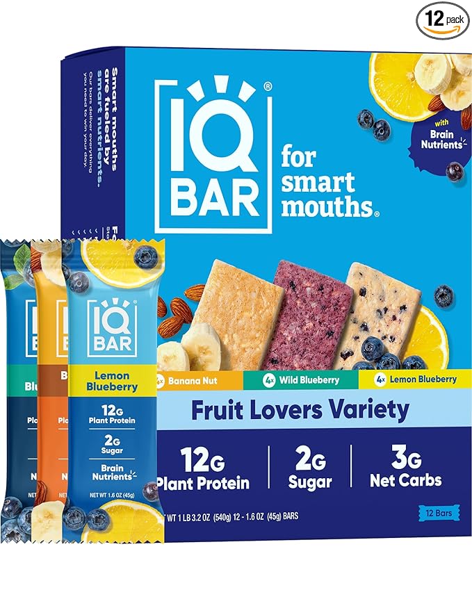 IQBAR Brain and Body Plant Protein Bars - Fruit Lovers Variety - 12-Count Low Carb - Gluten Free, High Fiber, Vegan Snacks - Low Sugar Meal Replacement