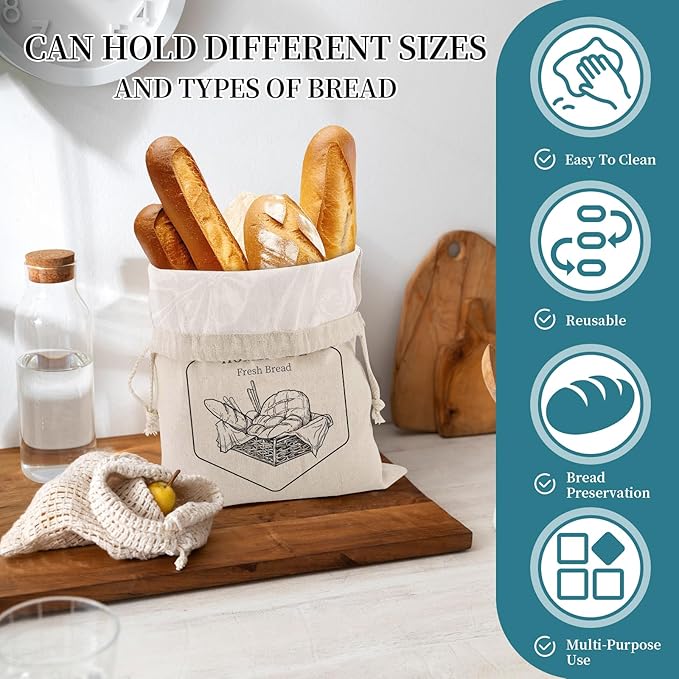 2 Pack of Bread Bags for Homemade Bread，Reusable Linen Sourdough Storage Bags with Plastic Liner,Cotton (17.7" x12")