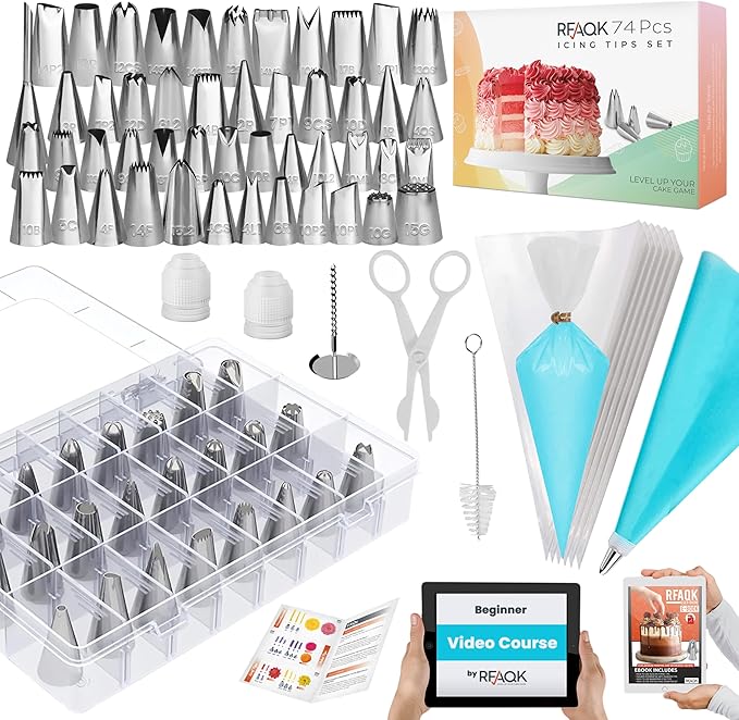 RFAQK 74 PCs Icing Piping Bags and Tips Set, Cake Decorating Kit with 48-Numbered Piping Tips, Anti Burst Pastry Bags for Cookie Cupcake Cake Decoration, Cake Decorating Tips Set with Booklet & E-book