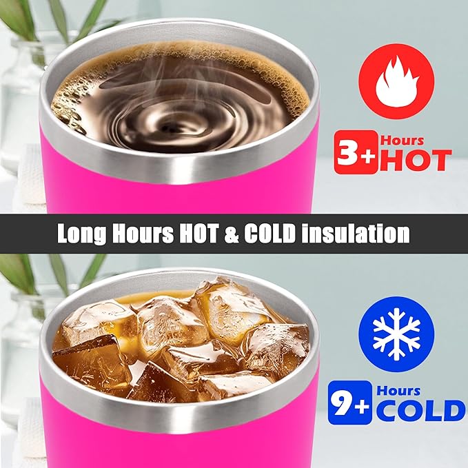 20 oz Tumbler Coffee Tavel Tumblers Bulk with Lid Stainless Steel Double Wall Vacuum Insulated Mug Powder Coated Cups fit Car Cupholder for Hot and Cold - Hot Pink, 4Pack
