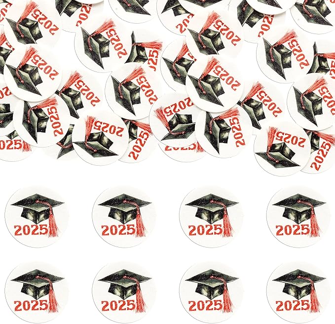 Gyufise 48Pcs Edible 2025 Graduation Cap Cupcake Toppers Wafer Paper Class of 2025 Grad Cap Cupcake Picks for 2025 Graduation Theme Party Cake Decorations Supplies Red