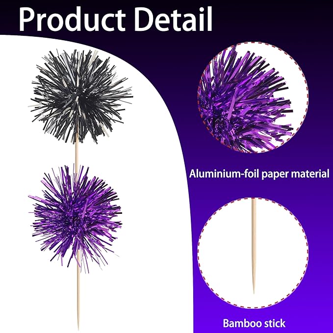 40 PCS Foil Firework Cupcake Toppers Sparkle Tinsel Cupcake Picks Fireworks Birthday Party Decorations Cocktail Fruit Toothpick for Birthday Wedding Graduation Party Decorations Supplies Black Purple