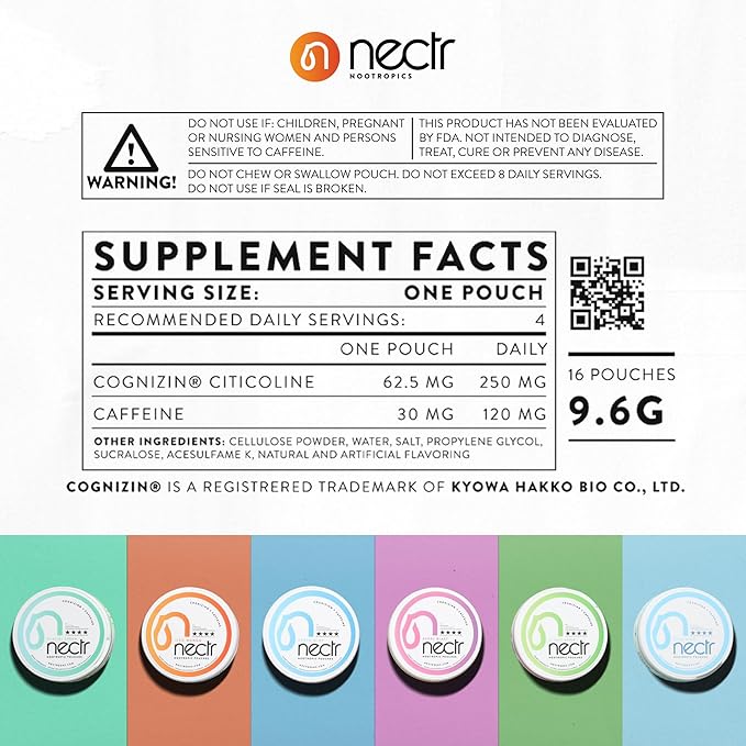 Nectr Energy Nootropic Pouches – Glacial Green Wintergreen Caffeine Pouches with Cognizin® Citicoline. Sugar-Free Brain Treats. Smooth, Sustained Focus & Energy Supplement - 1 Puck of 16pcs
