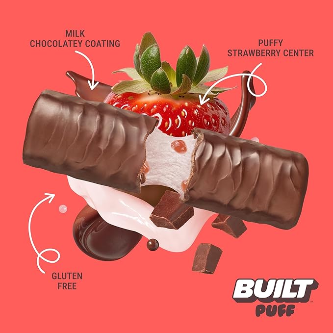 Built Bar, Puff Protein Bars, Strawberries 'N Cream Puff, 15g Protein Snacks, On-The-Go Bars, Only 140 Calories, 8g Sugar, Collagen, Gluten Free, 12 Count