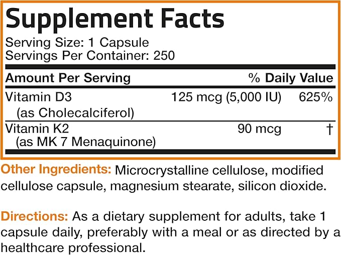 Bronson Vitamin K2 (MK7) with D3 Supplement Non-GMO Formula 5000 IU Vitamin D3 & 90 mcg K2 MK-7 Easy to Swallow D & K Complex, 250 Capsules
