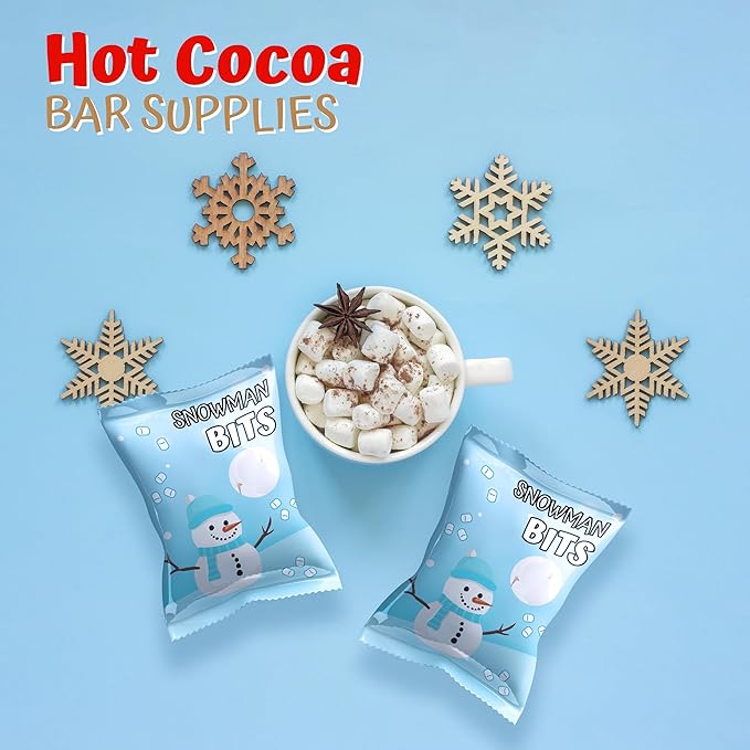 4E's Novelty 50 Packs "Snowman Bits" Mini Marshmallow Packets, Vanilla Flavored, 14 Marshmallows in Each Bag, Bulk Individually Wrapped Christmas Marshmallows For Hot Chocolate Bar Supplies Party Treats