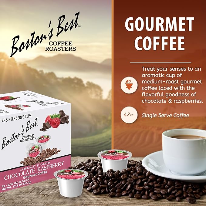 Boston’s Best - Chocolate Raspberry Flavored Coffee Medium Roast Gourmet, Compatible with Keurig Coffee Maker, 1 Count (42 Single Serve Cups)