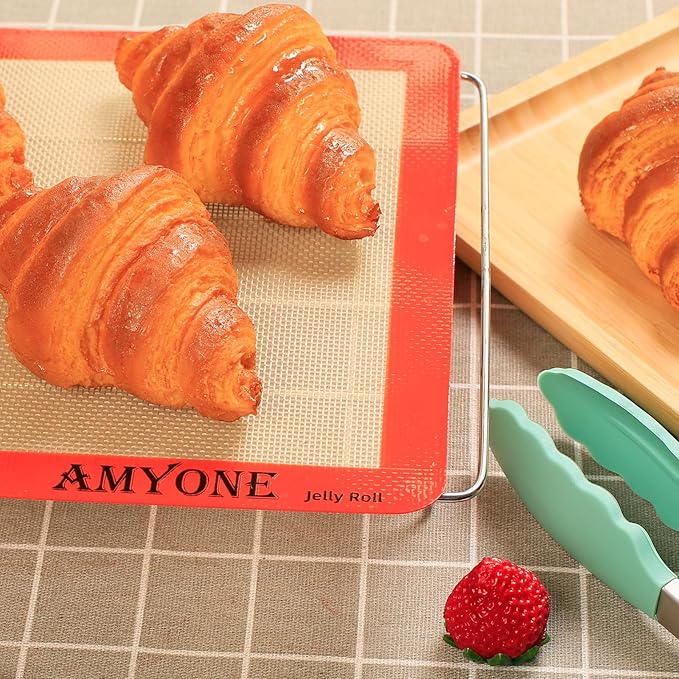 AMYONE Silicone Baking Mat for Jelly Roll Pan, Non-Stick Silicone Baking Sheet Liners Compatible with Nordic Ware Naturals Jelly Roll Pans, 2 Pcs Food Grade Baking Mats for 10 x 15-inch Swiss Roll Pan