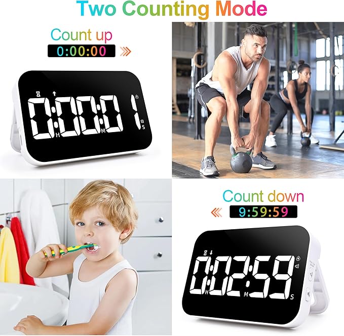 Kitchen Digital Timer, Rechargeable Magnetic Timers with Countdown/up, Kids Timer with 5”LED Display 3 Brightness 4 Volume Adjustable for Classroom/Office/Home/Work/Study/Fitness/Game-White