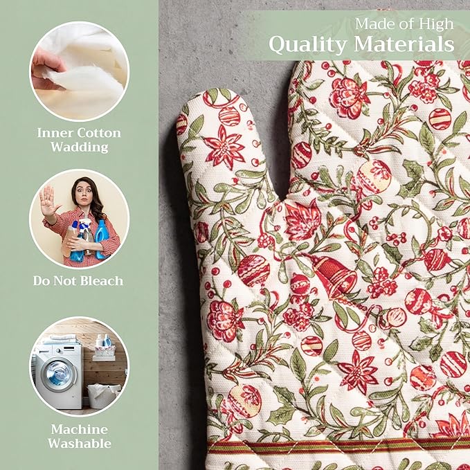 Maison d' Hermine Oven Gloves 100% Cotton Oven Mitt 7" x 13" with Loop Heat Resistant, BBQ, Cooking Gloves, Baking, Grilling, Kitchen, Handling Hot Pans (Pack of 1, Reveillon Au Jardin)