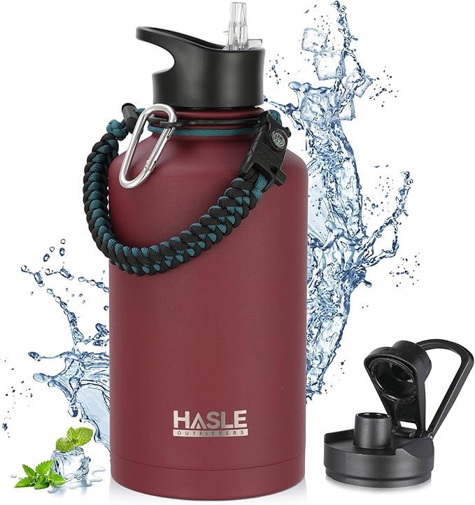 HASLE OUTFITTERS Half Gallon Insulated Water Bottles 64 oz, Stainless Steel Metal Water Jug with 2 Lids Keep Cold 48h/Hot 24h, Leak Proof & BPA-Free Water Flask Jug(Brick Red,1)