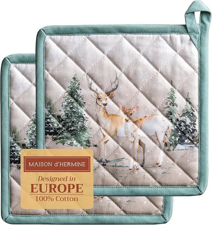 Maison d' Hermine Pot Holders Set 100% Cotton Heat Resistant Potholders 8" x 8" Hot Pads with Loop BBQ, Cooking, Baking, Grilling, Kitchen, Handling Hot Pans (Pack of 2, Deer in The Woods)