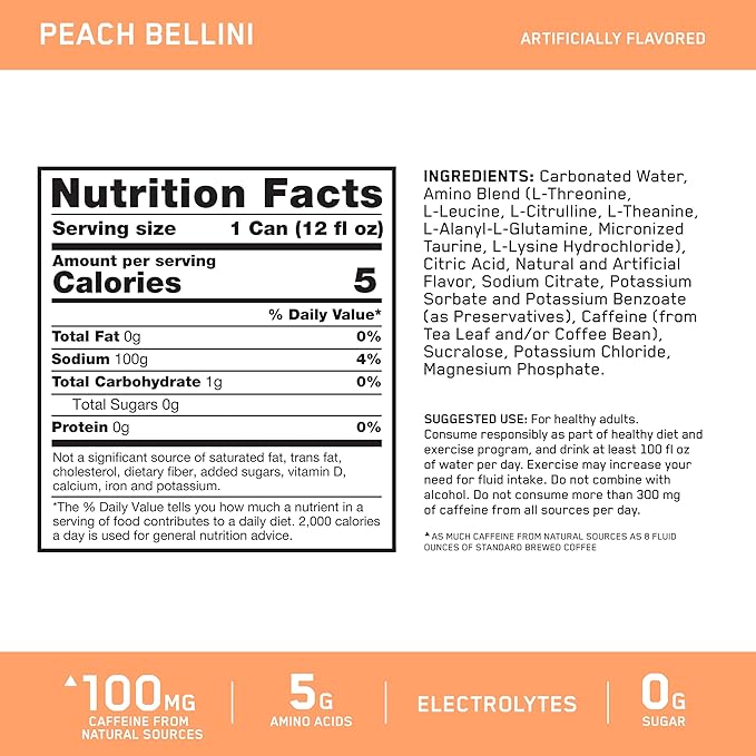 Optimum Nutrition Amino Energy Sparkling Hydration Drink, Electrolytes, Caffeine, Amino Acids, BCAAs, Sugar Free, Peach Bellini, 12 Fl Oz, 12 Pack (Packaging May Vary)