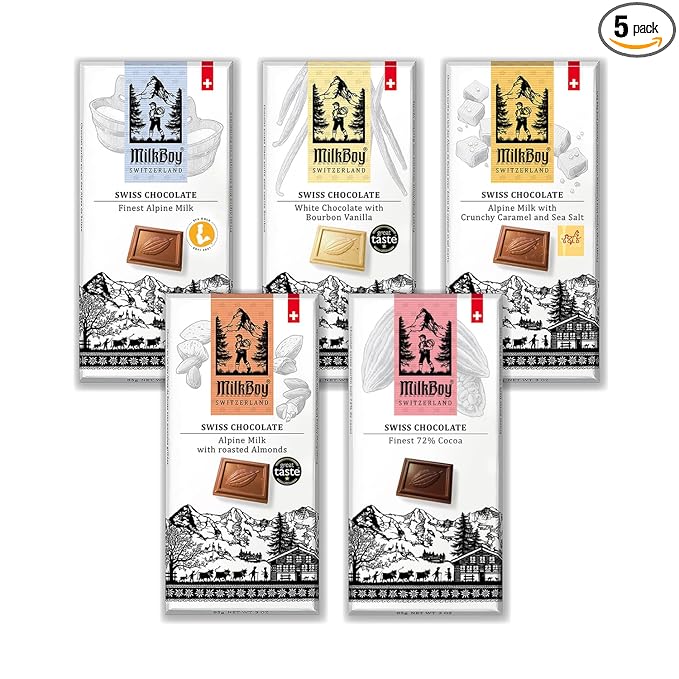 Milkboy Swiss Chocolates Gourmet Milk Chocolate Bars - Dark Chocolates - White Chocolate Bar - Premium Handmade Chocolate Variety - Kosher - GMO Free - Chocolates Candy - (Pack of 5)