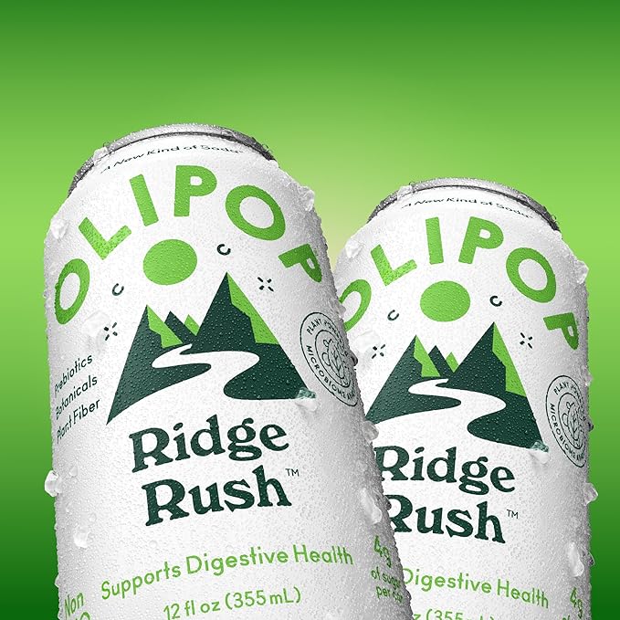 OLIPOP Prebiotic Soda Pop, Ridge Rush, Pantry Pack Packed with Prebiotics, Fiber, and Botanicals, Gluten Free, Vegan, GMO Free, 12oz (12-Cans)