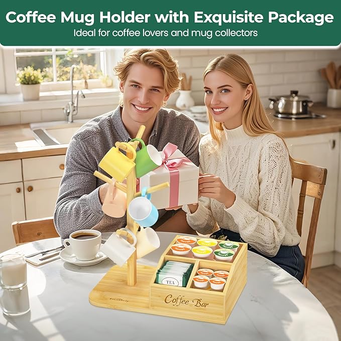 EsLuker.ly Mug Tree Holder Stand, Countertop Bamboo Coffee Cup Organizer Rack for Kitchen Office, Space-Saving Coffee Station Bar Organizer with 6 Hooks, Modern Design Enhances Decor