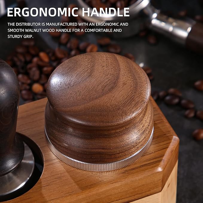 58mm Coffee Distributor, Espresso Distribution Tool, Adjustable Depth Espresso Tamper Leveler with Walnut Wood Handle Fits for 58mm Breville Gaggia E61 Portafilter