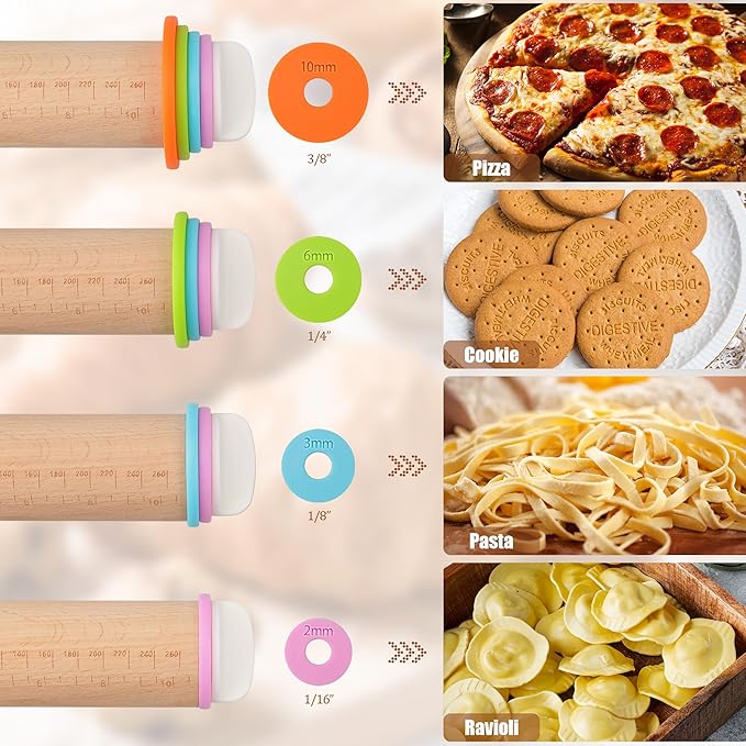 Adjustable Rolling Pin with Thickness Rings - 14 INCH Wood Dough Roller for Perfect Baking, Fondant & Cookies Ideal Rolling Pin for Dough & Cookie Decorating Supplies
