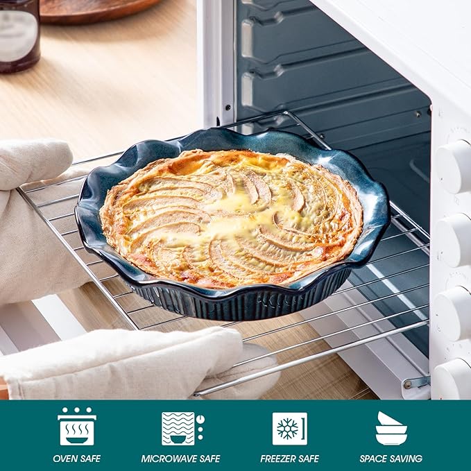 vancasso Stern Ceramic Pie Pan, 9 inch Pie Pans with Ruffled Edge, Deep Pie Dishes for Baking, Round Pie Plates for Apple, Quiche, Pot Pies, Tart, Oven & Dishwasher Safe, Set of 2, Green