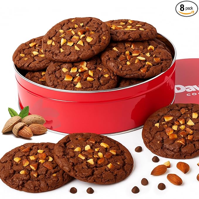David's Cookies Fresh Baked Decadent Jumbo Almond Gourmet Cookies – 2lb Gift Basket Tin with 8 Large Almond Cookies – Bakery-Style Soft and Chewy Dessert for Holidays, Birthdays, Thank You Gifts
