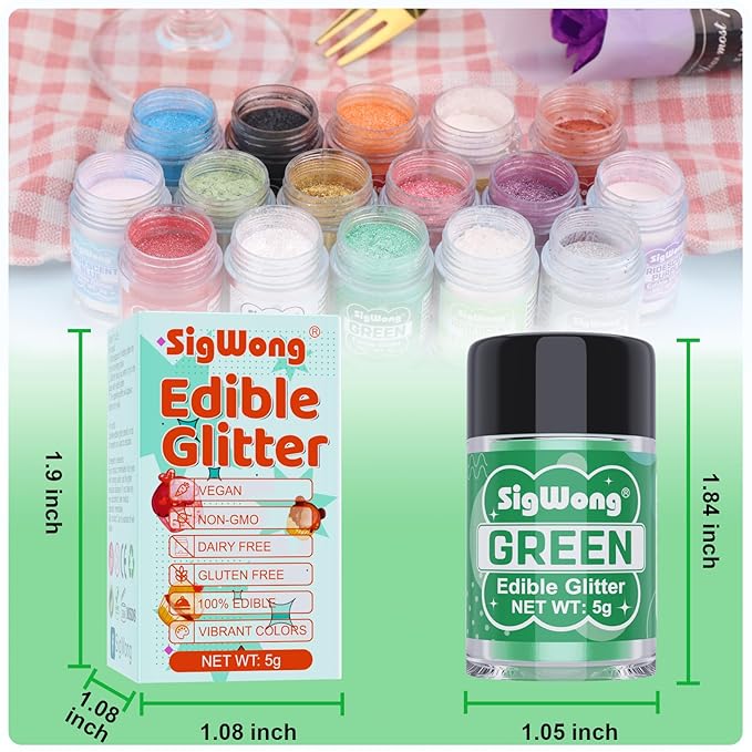 Green Edible Glitter - 5g Food Grade Cake Decorating Shimmering Glitter, Edible Sprinkle Luster Dust for Drinks, Chocolates, Fondant, Strawberries, Cupcakes, Candy, Cookie - Vegan