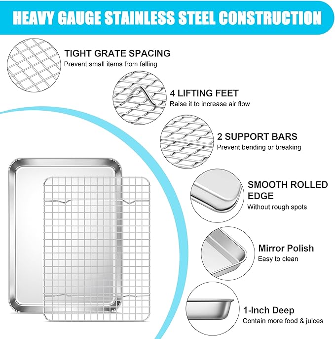 E-far Stainless Steel Baking Sheet with Wire Rack Set, 12.5” x 9.7” Cookie Sheet Broiling Pan for Oven, Rimmed Metal Tray with Cooling Rack for Cooking Roasting, Non-Toxic & Dishwasher Safe