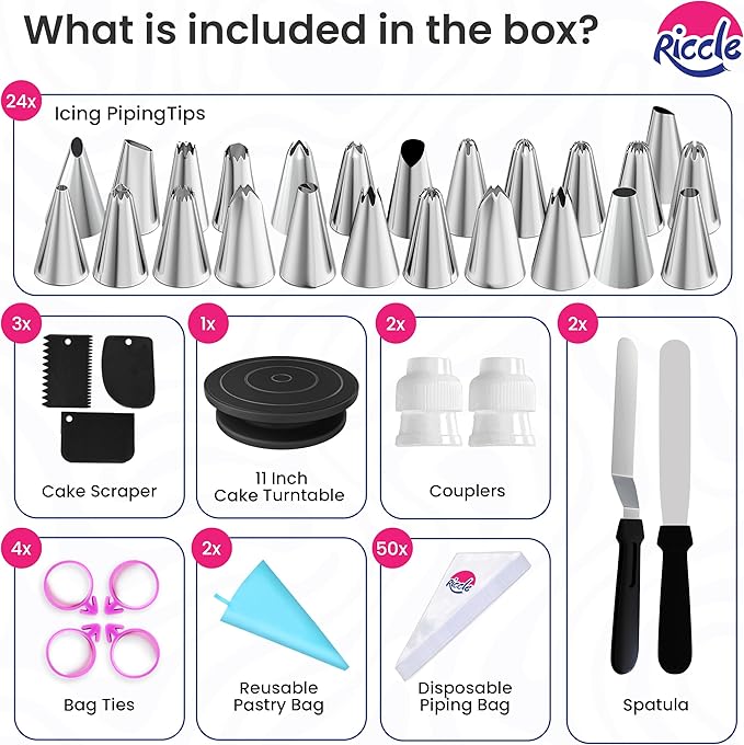Riccle 88 pcs Cake Decorating Kit with Blue Cake Turntable - Includes 50 Disposable + 2 Reusable Piping Bags and Tips Set, 24 Icing Piping Tips, 2 Spatulas, 3 Icing Comb Scraper (Black)