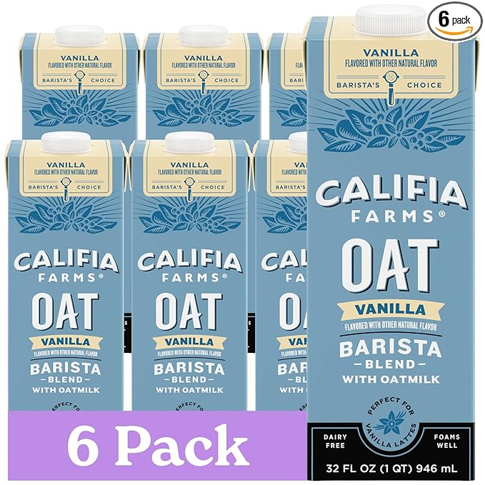 Califia Farms – Vanilla Oat Barista Blend Oat Milk, 32 Oz (Pack of 6), Shelf Stable, Dairy Free, Plant Based, Vegan, Gluten Free, Non GMO, Milk Frother, Creamer, Blue