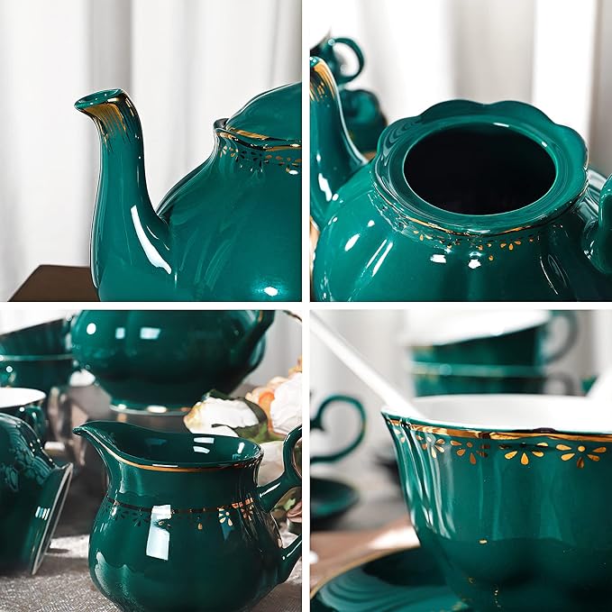 fanquare 21 Piece Vintage Porcelain Tea Set, Green with Gold Trim Fine China Tea Sets for Party, Teapot with Tea Cup and Saucers Set for 6, Christmas Gifts