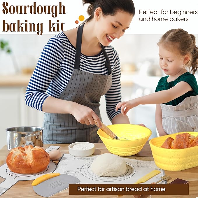 Sourdough Starter Kit with Jar – Complete Sourdough Bread Baking Supplies for Beginners, Includes 2 Silicone Proofing Baskets Baking Mat Sour Dough Kit - Yellow