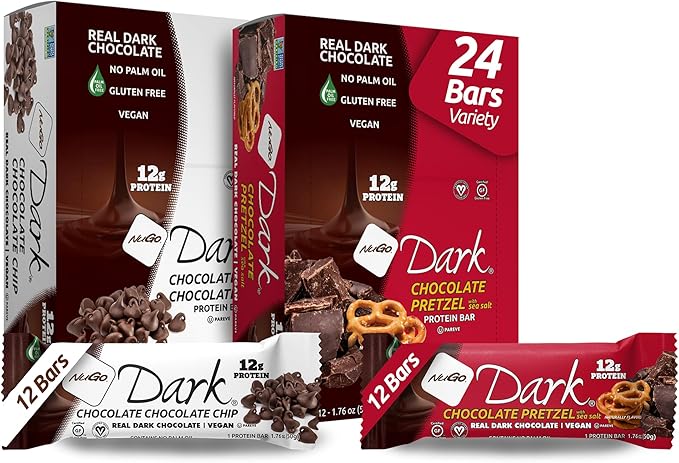 NuGo Dark Variety - Chocolate Pretzel 12 Bars & Chocolate Chocolate Chip 12 Bars, 12g Protein, Vegan, Gluten Free, Non-GMO, Kosher Pareve, 24 Count