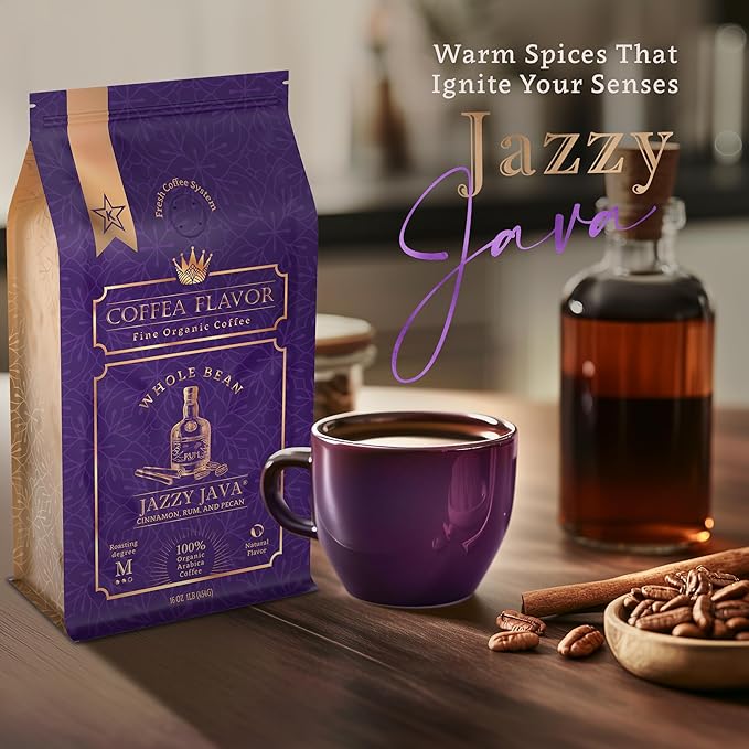 Jazzy Java – Spiced & Nutty Flavored Whole Bean Coffee – Organic, Medium Roast, 100% Arabica, Single Origin – Naturally Flavored – by Coffea Flavor