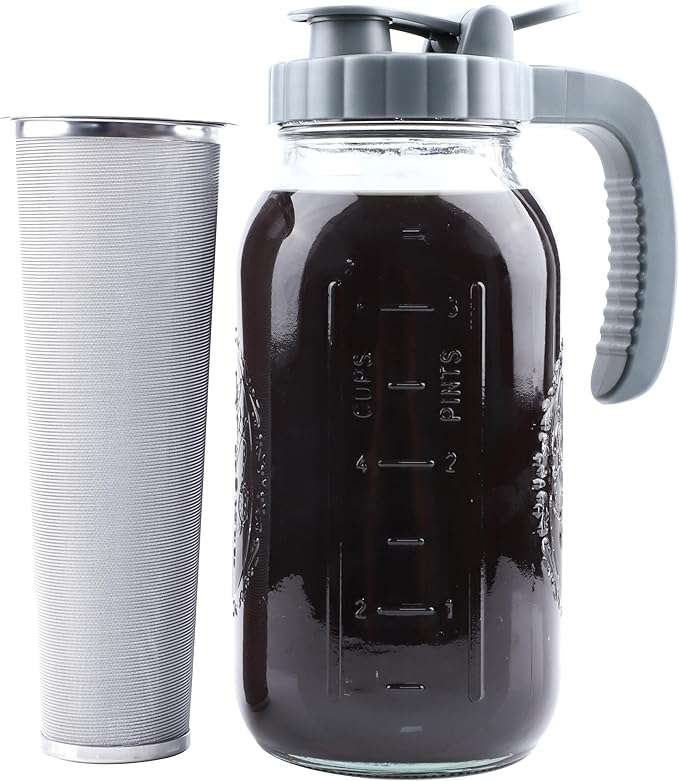 Cold Brew Coffee Maker 64 OZ Mason Jar Cold Brew Pitcher With Infuser 2 Quart Wide Mouth Iced Coffee Maker With Pour Spout Lid And Handle Half Gallon Airtight & Leakproof Pitcher For Fridge