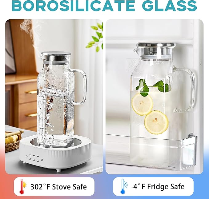 68 oz Square Glass Pitcher with Lid and Spout, 2 Quart Lightweight Water Pitchers for Hot/Cold Drink, Borosilicate Jugs, Heat Resistant, Glass Carafe with Handle,Ideal for Fridge Storage(2Pack)