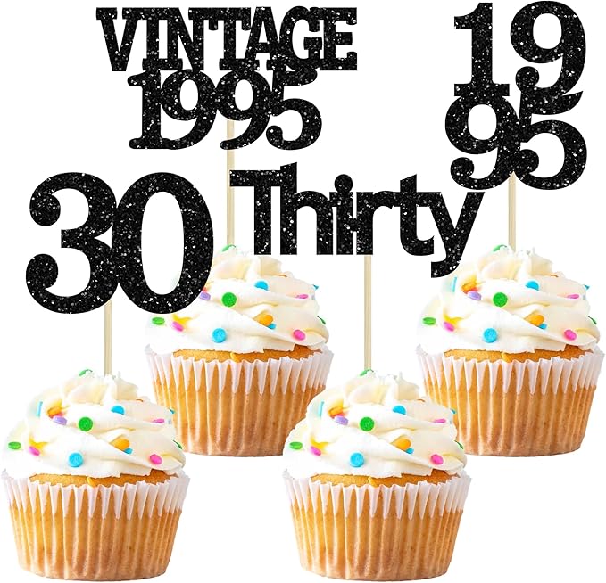 Gyufise 24Pcs Vintage 1995 Cupcake Toppers Cheers to 30 Fabulous Thirty Cupcake Picks Decorations for 30th Birthday Wedding Anniversary Party Supplies Black