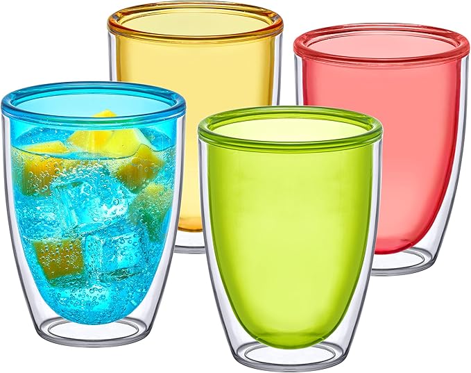 Amazing Abby - Andes - 12-Ounce Insulated Plastic Tumblers (Set of 4), Double-Wall Plastic Drinking Glasses, Mixed-Color Reusable Plastic Cups, BPA-Free, Shatter-Proof, Dishwasher-Safe