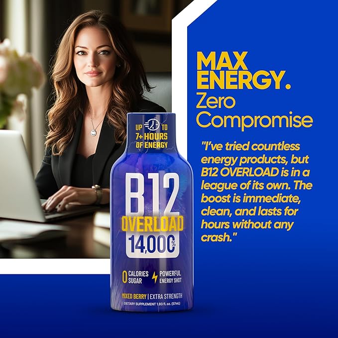 B12 Overload Extra Strength Energy Shot – Mixed Berry – 260mg Caffeine, 14000% B12, Electrolytes – Energy & Vitality Support – Zero Sugar No Calories – Vegan, Kosher, Gluten-Free – 1.93 fl oz, 12-Pack